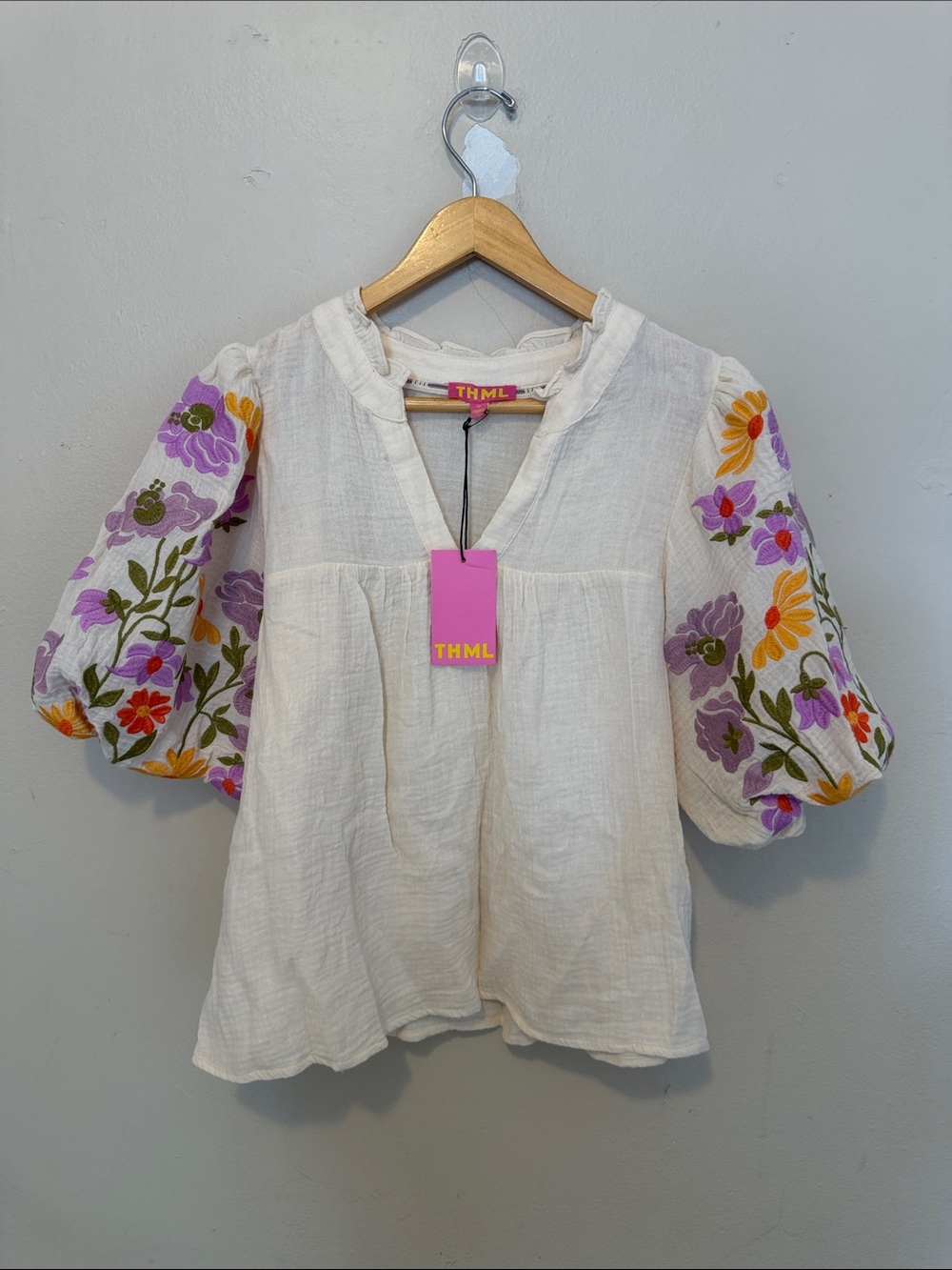 THML White Gauze Peasant Top with Colorful Floral Embroidered Puff Sleeves